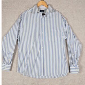 Canali Mens Striped Button Down Shirt Blue Yellow Cotton Made in Italy 17.5 44